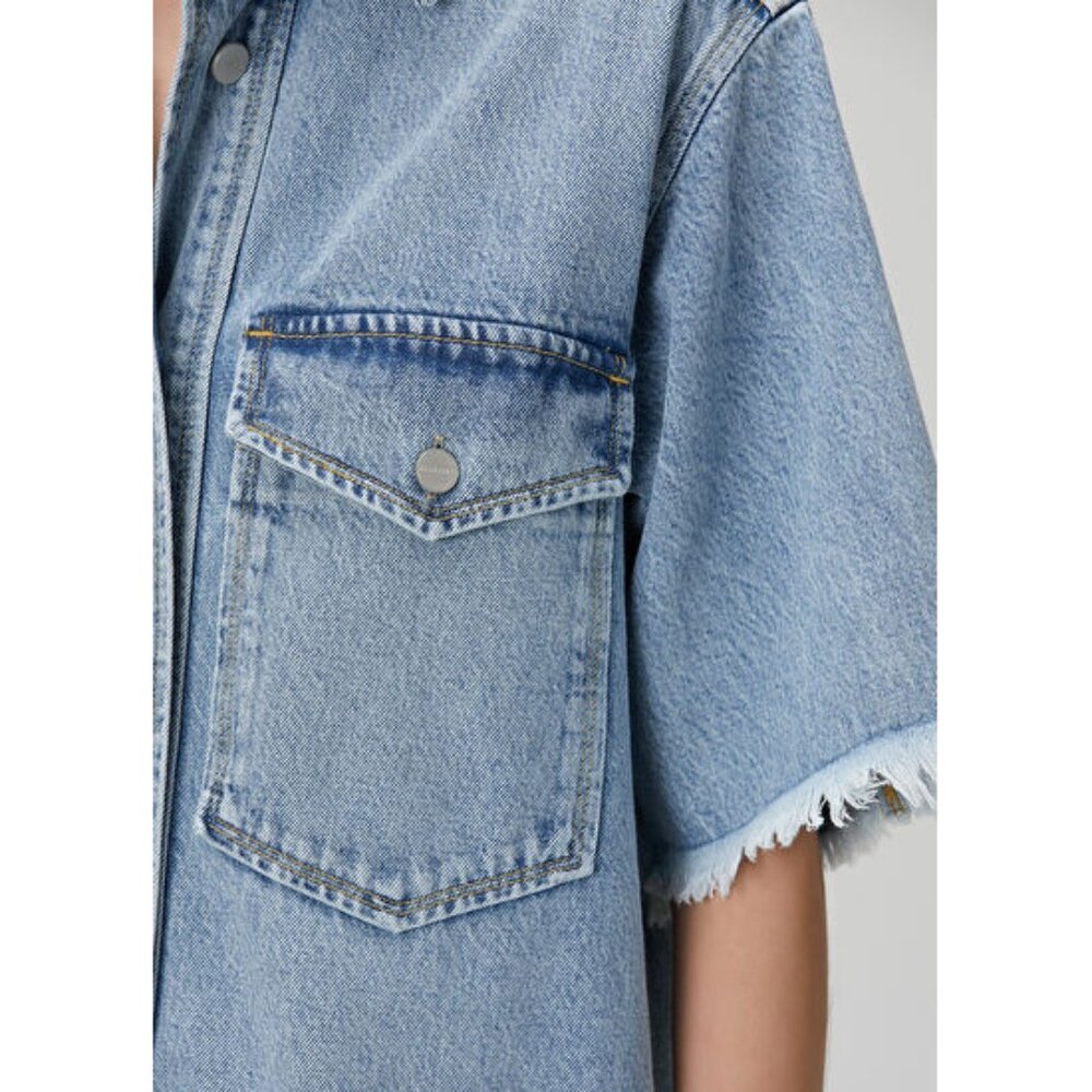 AllSaints Faye Frayed Short Sleeve Mini Denim Dress Jean Raw Edge Button Up - Picture 13 of 14